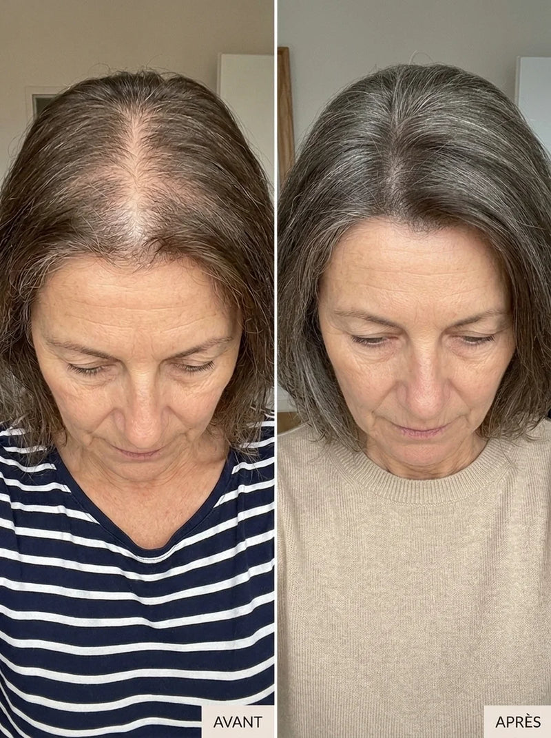 Avec la ménopause j'ai vu ma raie s'élargir, ça m'a fait un choc. Le shampoing bar a redonné de la matière à mes racines, sans rien changer d'autre à ma routine.